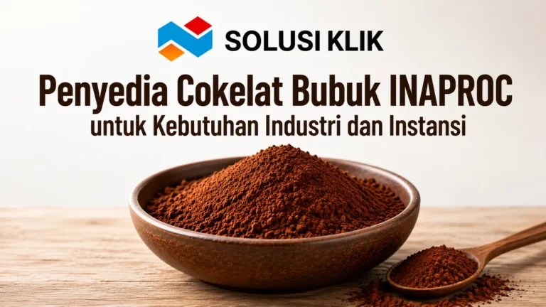 Penyedia cokelat bubuk INAPROC untuk kebutuhan industri dan instansi dengan logo Solusi Klik dan ilustrasi bubuk cokelat dalam mangkuk.