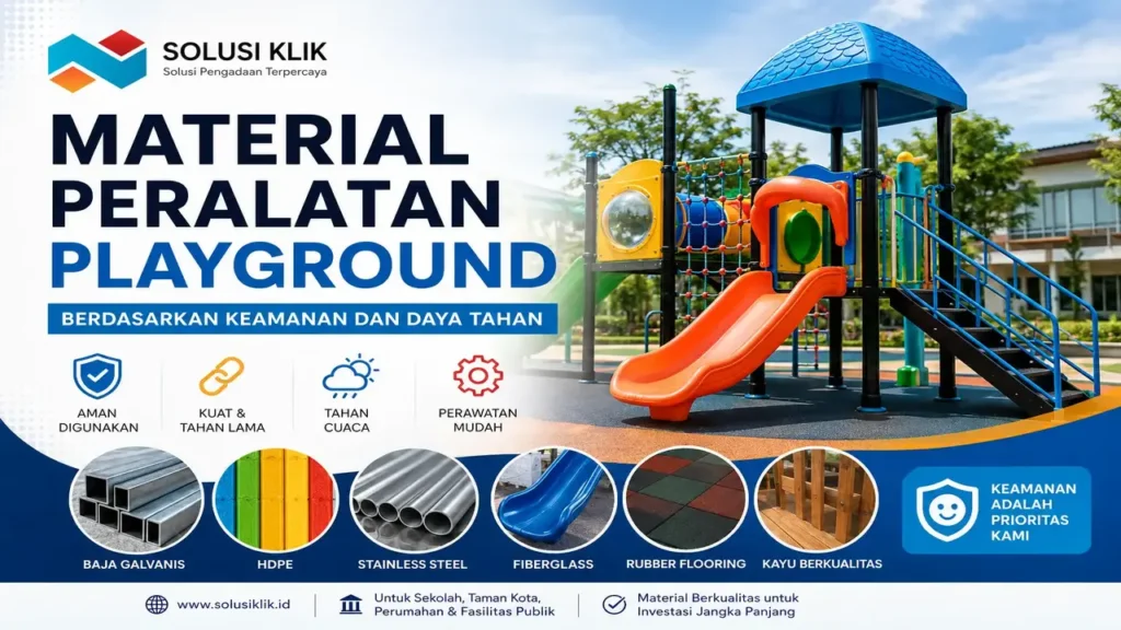 Material peralatan playground berkualitas menggunakan baja galvanis, HDPE, stainless steel, dan rubber flooring untuk keamanan serta daya tahan.