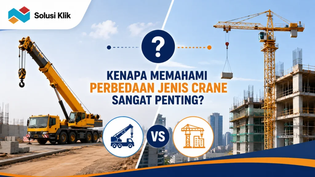 Banner perbandingan mobile crane dan tower crane pada proyek konstruksi.