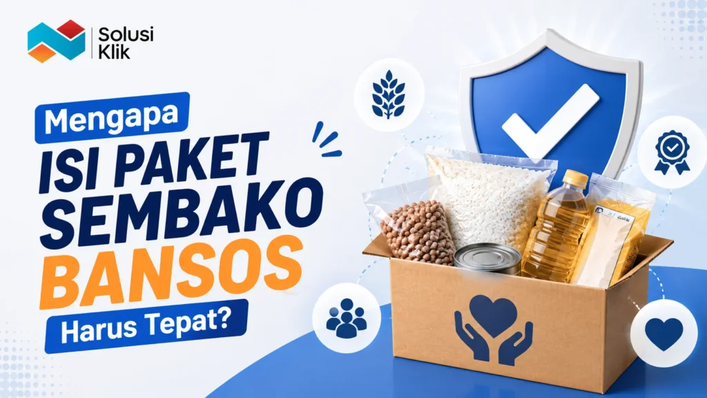 Banner isi paket sembako bansos dengan ilustrasi paket bantuan dan simbol ketepatan distribusi.