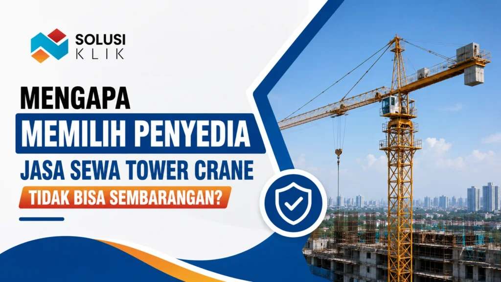 Banner sewa tower crane dengan logo Solusi Klik, ilustrasi tower crane di proyek konstruksi, dan ikon keamanan penyedia jasa.
