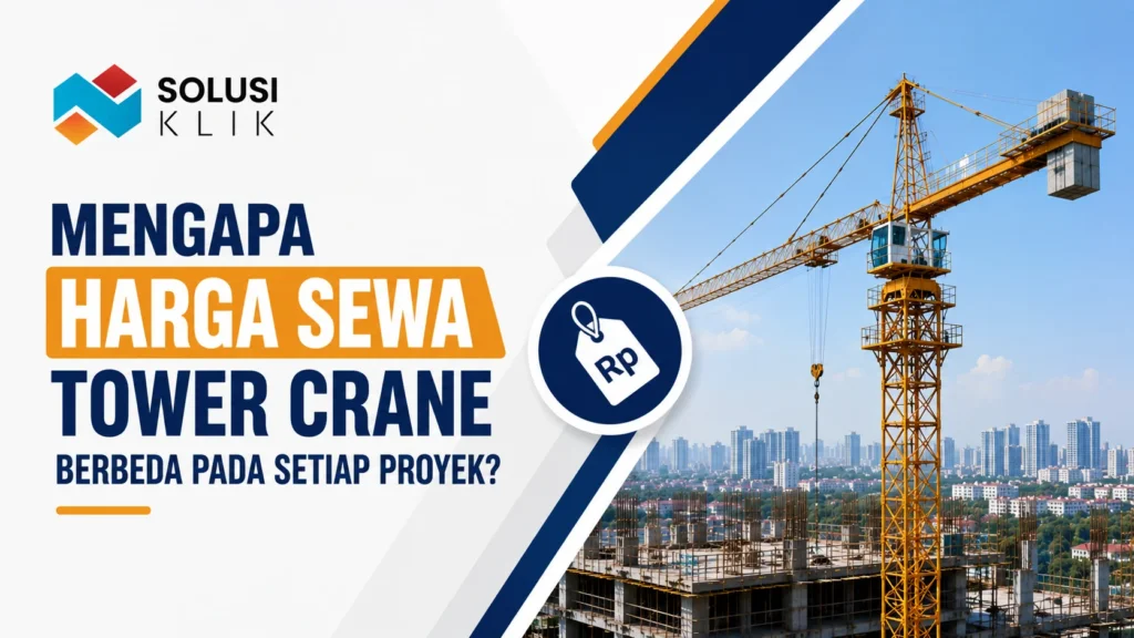 Banner harga sewa tower crane dengan logo Solusi Klik, ilustrasi tower crane di proyek konstruksi, dan ikon label harga.