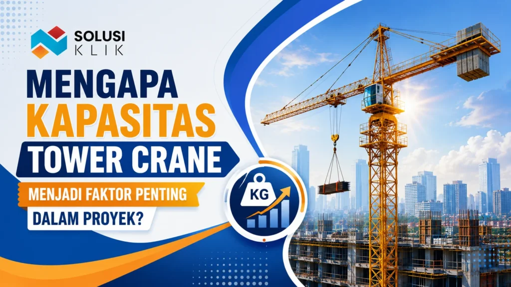 Banner kapasitas tower crane dengan logo Solusi Klik, ilustrasi crane mengangkat material, dan ikon kapasitas beban.