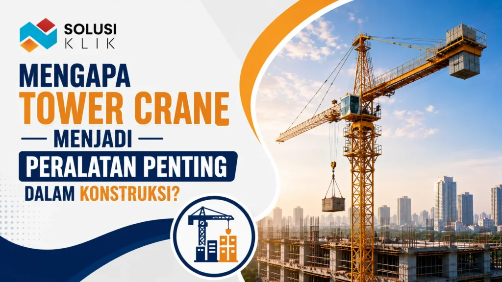 Banner tower crane dengan logo Solusi Klik, ilustrasi crane mengangkat material di proyek konstruksi, dan ikon peralatan konstruksi.