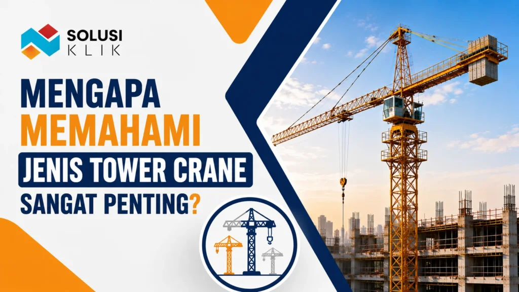 Banner jenis tower crane dengan logo Solusi Klik, ilustrasi crane proyek, dan ikon variasi tipe tower crane.
