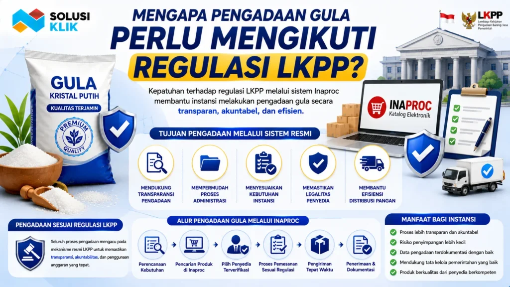 Banner pengadaan gula sesuai regulasi LKPP dengan ilustrasi kemasan gula, platform Inaproc, dokumen verifikasi, gedung instansi pemerintah, dan ikon transparansi, legalitas, serta efisiensi distribusi pangan.