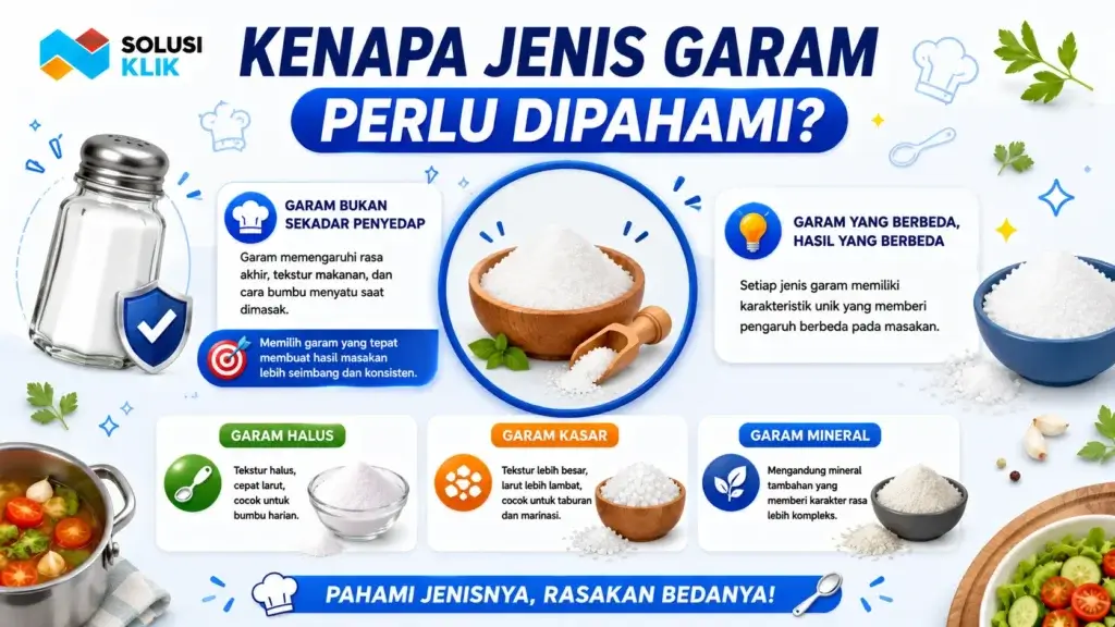 Banner pentingnya memahami jenis garam dengan ilustrasi garam halus, garam kasar, dan garam mineral, serta ikon memasak yang menunjukkan pengaruh garam terhadap rasa, tekstur, dan kualitas masakan.