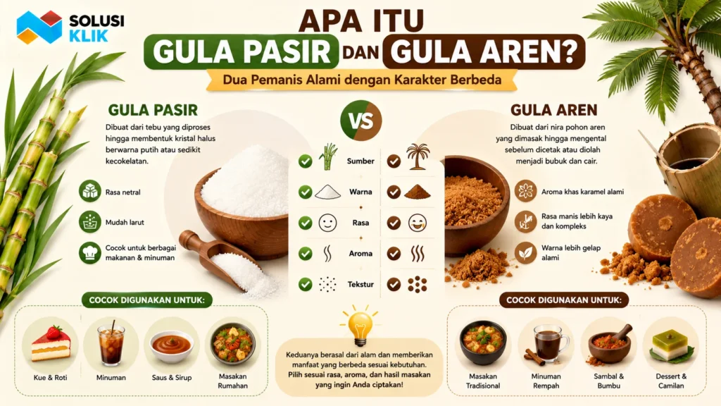 Banner perbandingan gula pasir dan gula aren dengan ilustrasi kristal gula putih, gula aren, tebu, pohon aren, serta ikon karakter rasa, aroma, tekstur, dan penggunaan dalam berbagai jenis masakan dan minuman.