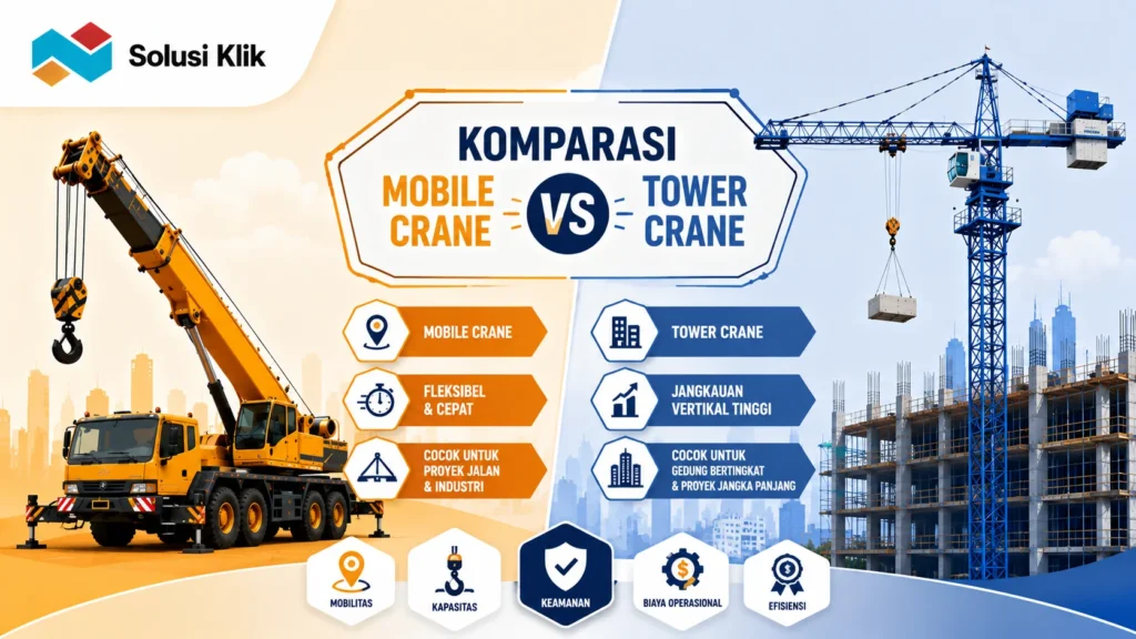 Banner komparasi mobile crane dan tower crane dengan ilustrasi alat berat pada proyek konstruksi.