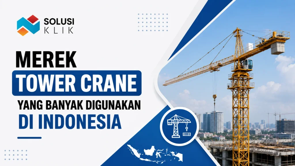 Banner merek tower crane di Indonesia dengan logo Solusi Klik dan ilustrasi crane pada proyek konstruksi.