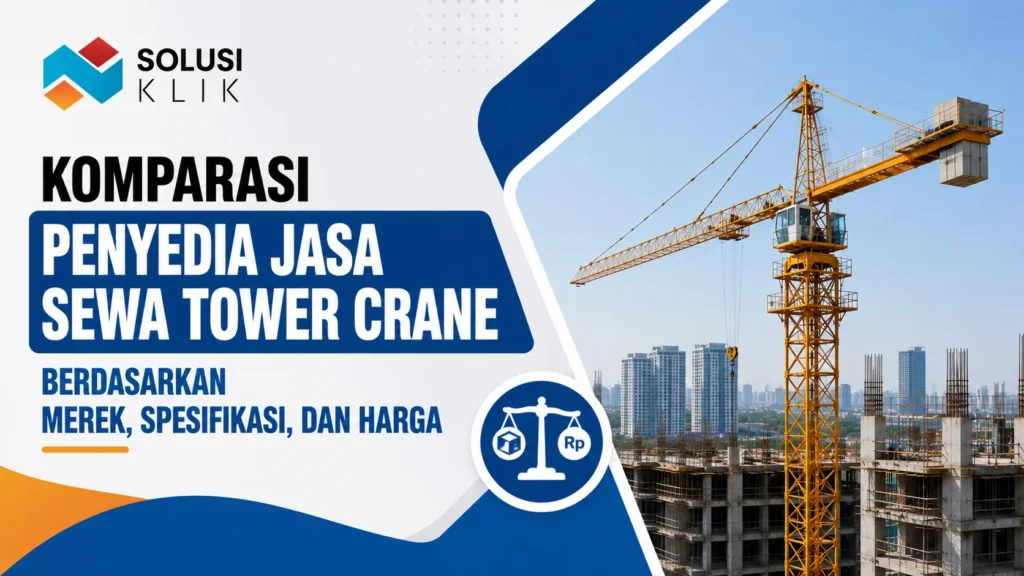 Banner komparasi penyedia jasa sewa tower crane dengan logo Solusi Klik, ilustrasi tower crane, dan ikon perbandingan harga serta spesifikasi.