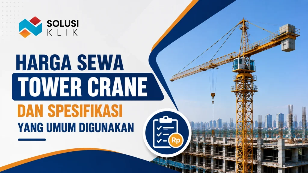 Banner harga sewa dan spesifikasi tower crane dengan logo Solusi Klik, ilustrasi crane proyek, serta ikon daftar spesifikasi dan biaya.