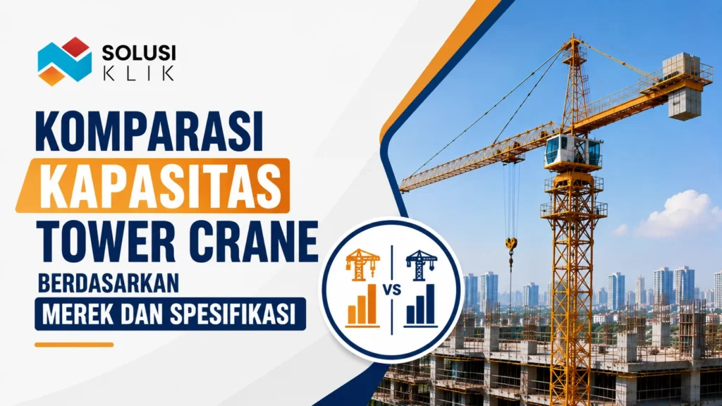 Banner komparasi kapasitas tower crane dengan logo Solusi Klik, ilustrasi crane proyek, dan ikon perbandingan merek serta spesifikasi.