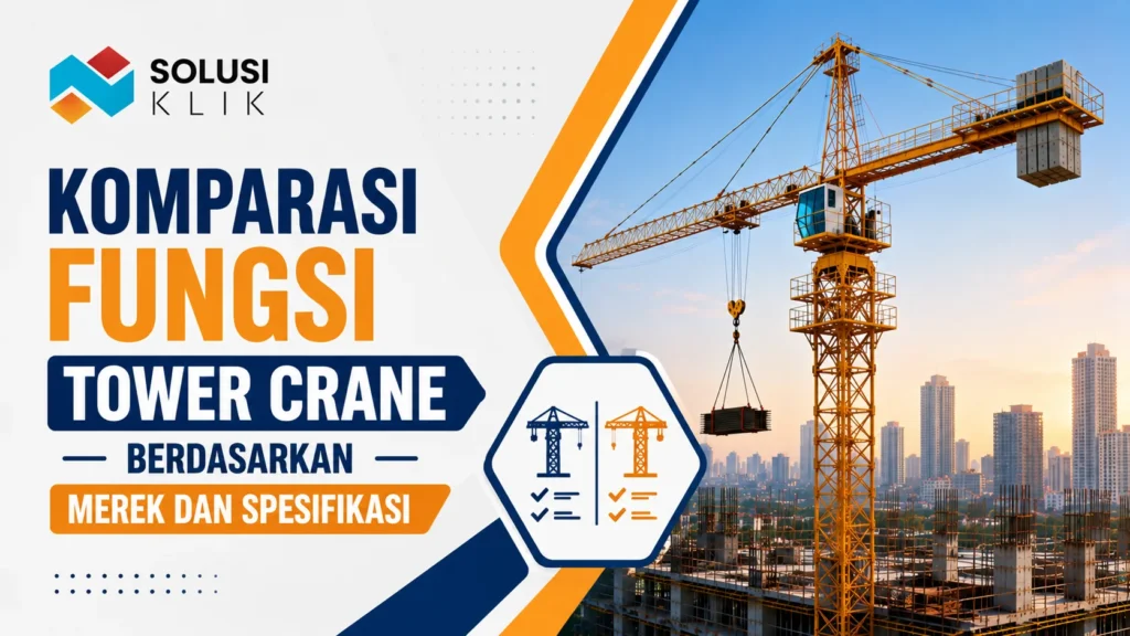 **Alt teks:**
Banner komparasi fungsi tower crane dengan logo Solusi Klik, ilustrasi crane proyek, dan ikon perbandingan merek serta spesifikasi.