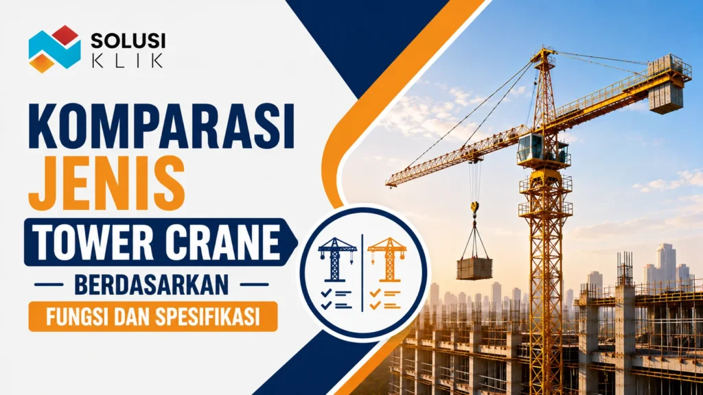 Banner komparasi jenis tower crane dengan logo Solusi Klik, ilustrasi crane proyek, dan ikon perbandingan fungsi serta spesifikasi.