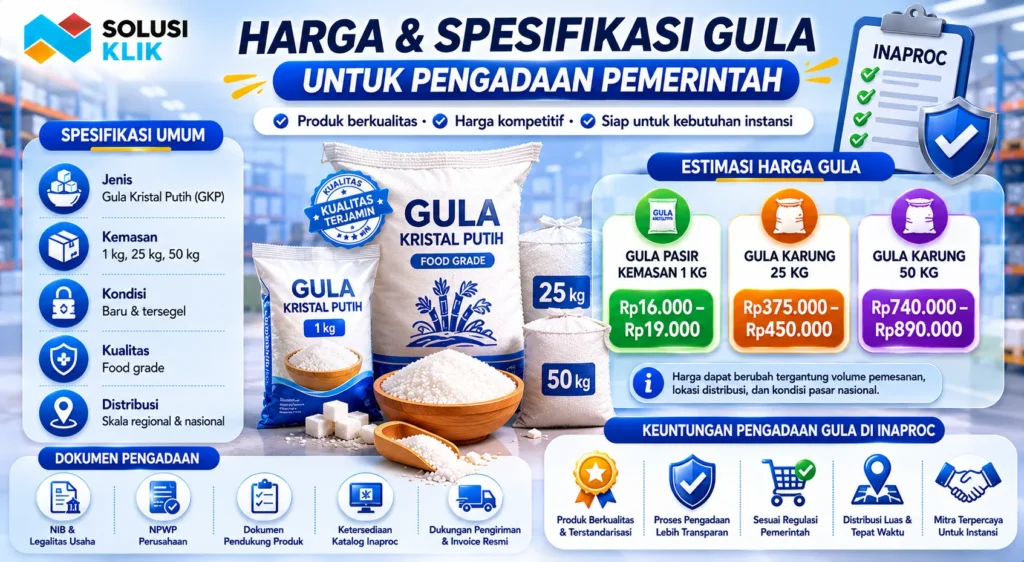 Banner harga dan spesifikasi gula untuk pengadaan pemerintah dengan ilustrasi kemasan gula kristal putih, daftar harga, dokumen pengadaan, distribusi logistik, dan ikon kualitas produk serta kepatuhan regulasi.
