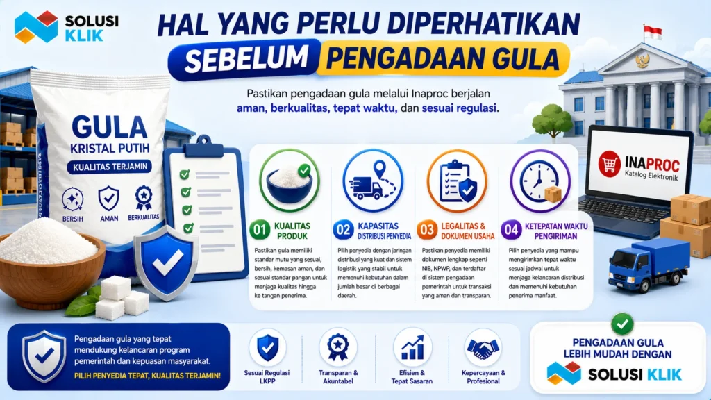 Banner hal yang perlu diperhatikan sebelum pengadaan gula dengan ilustrasi kemasan gula, dokumen verifikasi, distribusi logistik, platform Inaproc, serta ikon kualitas produk, legalitas usaha, dan ketepatan waktu pengiriman.