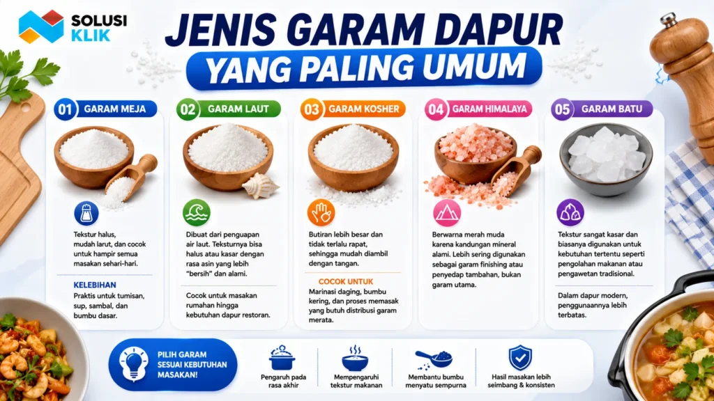 Banner jenis garam dapur yang paling umum dengan ilustrasi garam meja, garam laut, garam kosher, garam Himalaya, dan garam batu, serta ikon penggunaan garam untuk berbagai kebutuhan memasak.