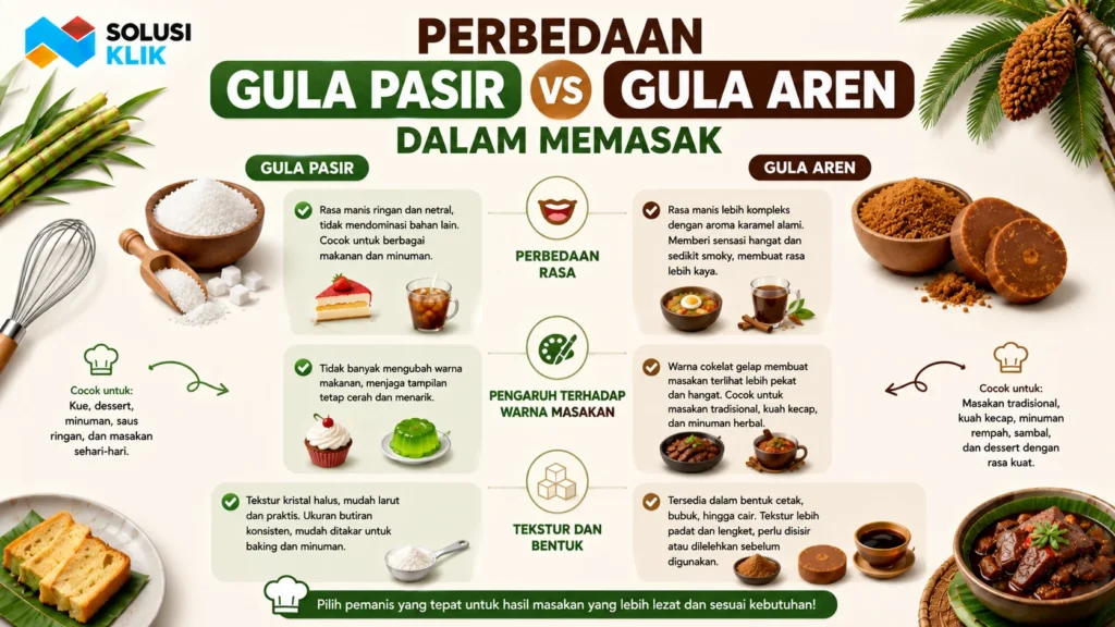 Banner perbandingan gula pasir dan gula aren dalam memasak dengan ilustrasi kristal gula putih, gula aren, tebu, pohon aren, serta ikon perbedaan rasa, warna masakan, dan tekstur untuk berbagai kebutuhan kuliner.