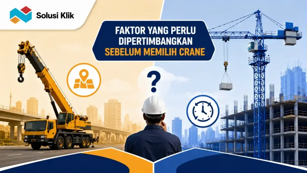Banner faktor memilih crane dengan ilustrasi mobile crane, tower crane, dan ikon pertimbangan proyek.