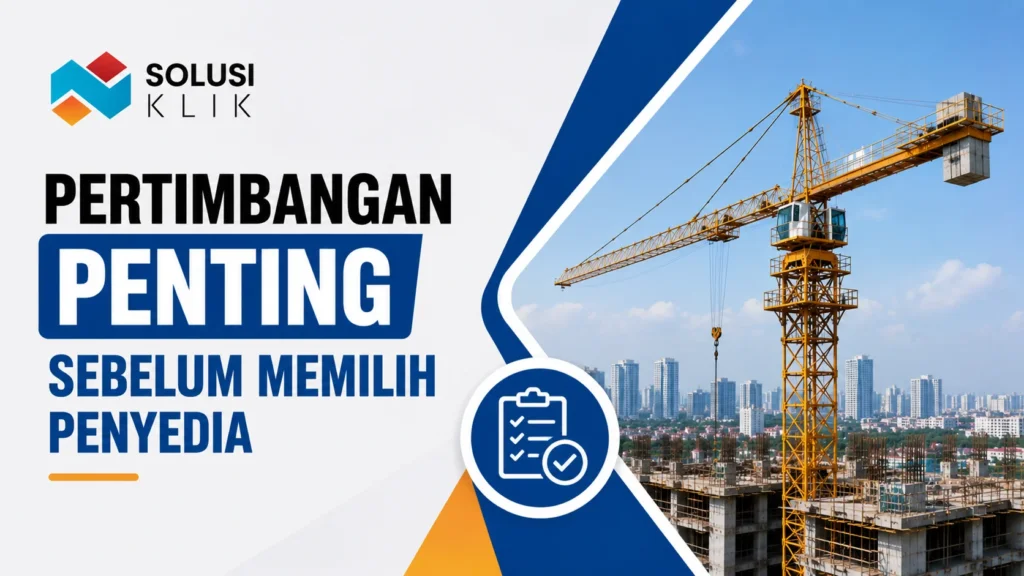 Banner pertimbangan memilih penyedia dengan logo Solusi Klik, ilustrasi tower crane, dan ikon daftar evaluasi proyek.