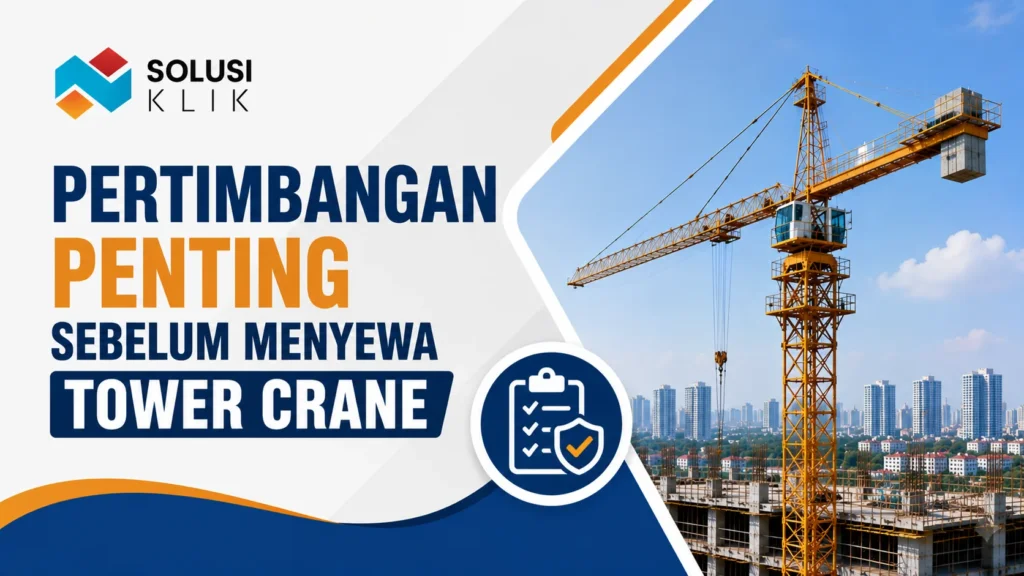 Banner pertimbangan menyewa tower crane dengan logo Solusi Klik, ilustrasi crane proyek, dan ikon checklist keamanan.