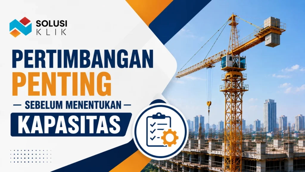 Banner pertimbangan menentukan kapasitas tower crane dengan logo Solusi Klik, ilustrasi crane proyek, dan ikon checklist pengaturan kapasitas.
