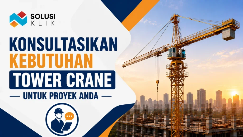 Banner konsultasi kebutuhan tower crane dengan logo Solusi Klik, ilustrasi crane proyek, dan ikon konsultasi teknis.