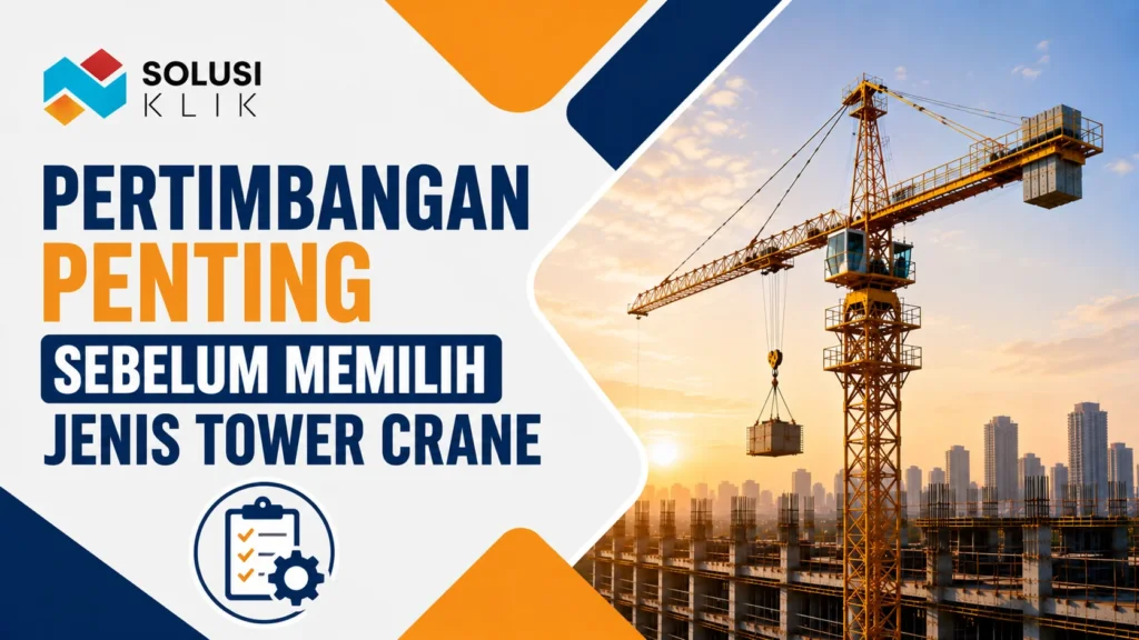 Banner pertimbangan memilih jenis tower crane dengan logo Solusi Klik, ilustrasi crane proyek, dan ikon checklist evaluasi.