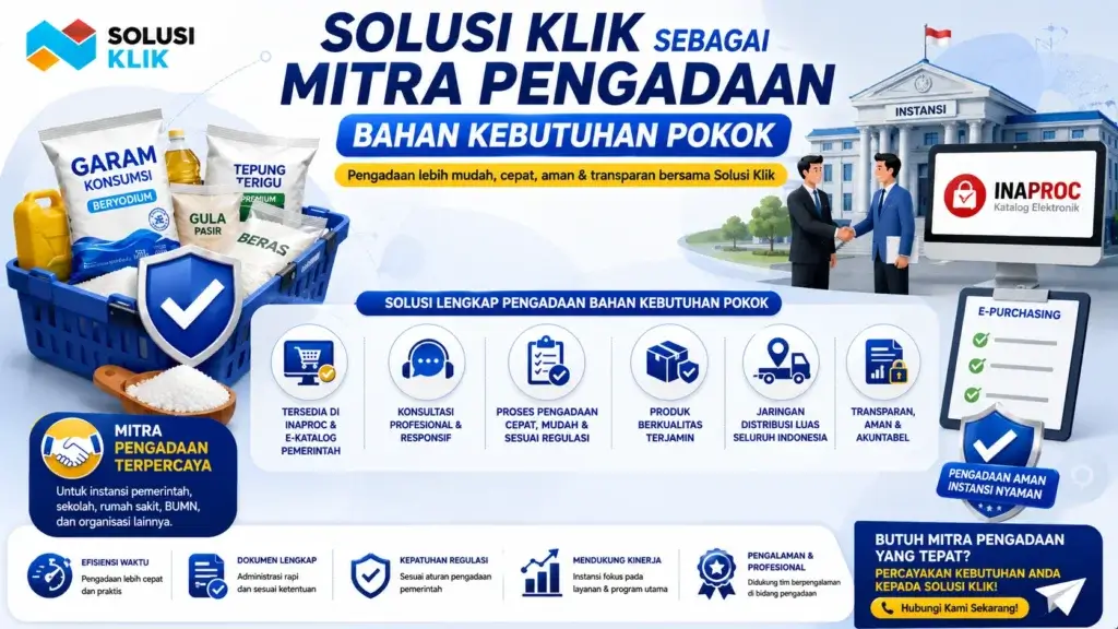 Banner Solusi Klik sebagai mitra pengadaan bahan kebutuhan pokok dengan ilustrasi keranjang produk sembako, platform Inaproc, gedung instansi, jabat tangan kemitraan, dan ikon layanan pengadaan yang cepat, aman, serta transparan.