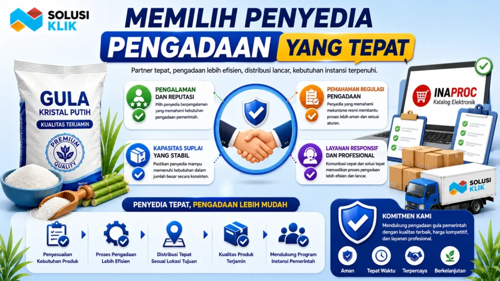 Banner memilih penyedia pengadaan yang tepat dengan ilustrasi jabat tangan kemitraan, kemasan gula, platform Inaproc, dokumen verifikasi, distribusi logistik, dan ikon pengalaman, legalitas, kapasitas suplai, serta layanan profesional.
