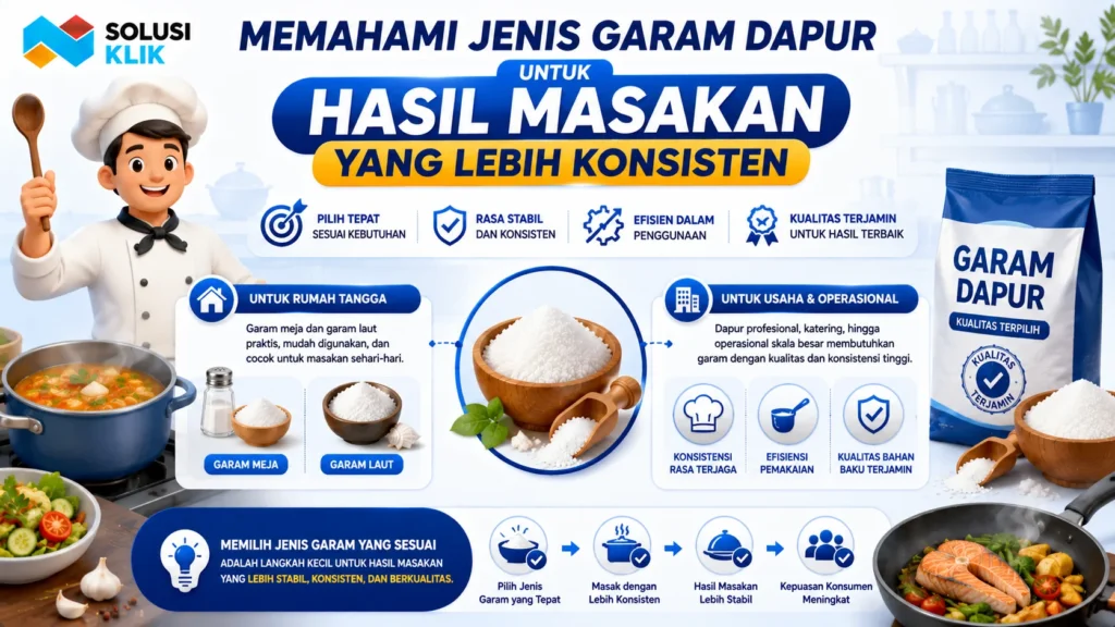 Banner memahami jenis garam dapur untuk hasil masakan lebih konsisten dengan ilustrasi koki, garam meja, garam laut, serta ikon kualitas, efisiensi, dan kestabilan rasa untuk kebutuhan rumah tangga maupun dapur profesional.