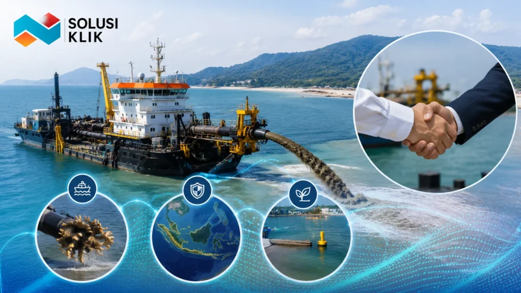 Kapal dredger untuk pekerjaan pengerukan laut dan pelabuhan dengan logo Solusi Klik.