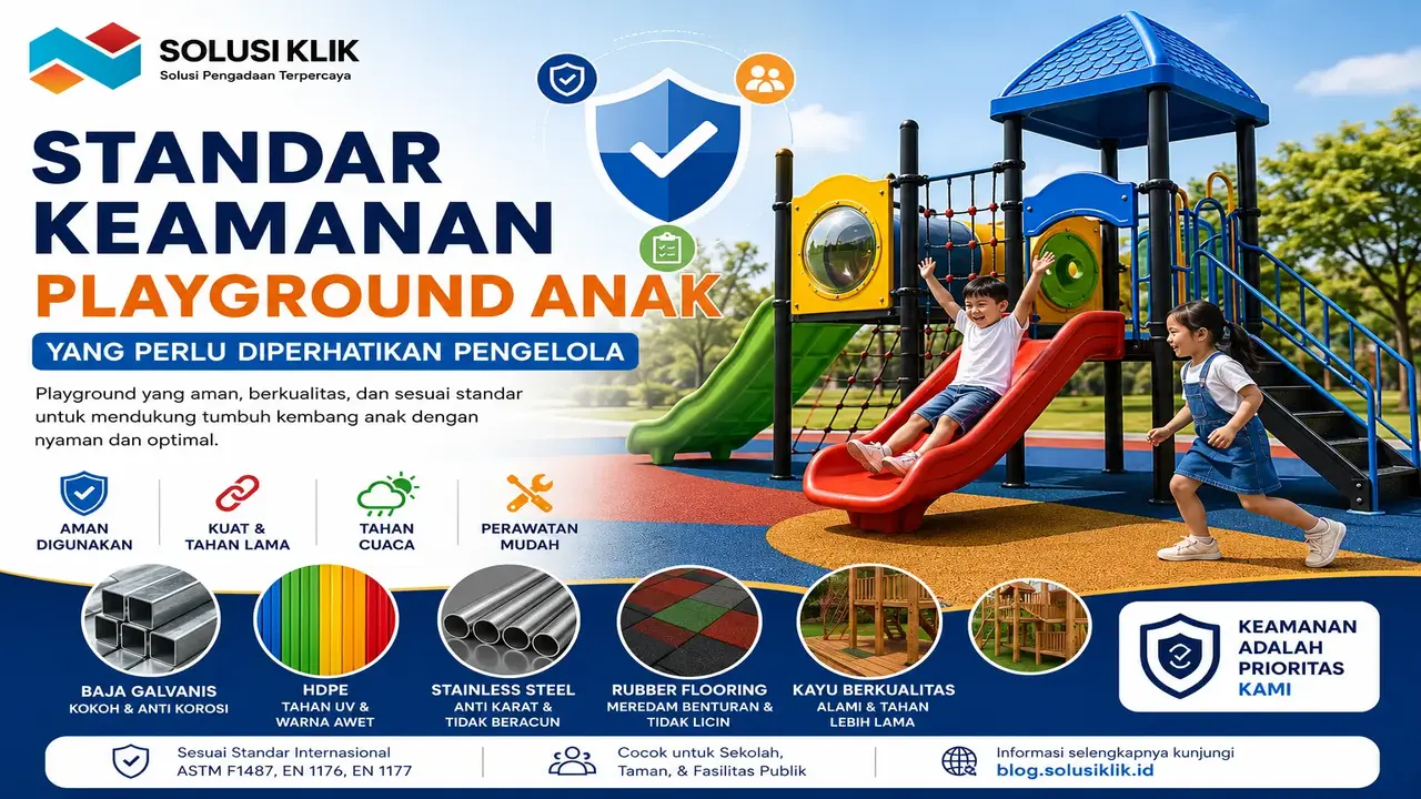 Standar keamanan playground anak dengan material berkualitas, rubber flooring, dan area bermain yang aman untuk sekolah serta fasilitas publik.
