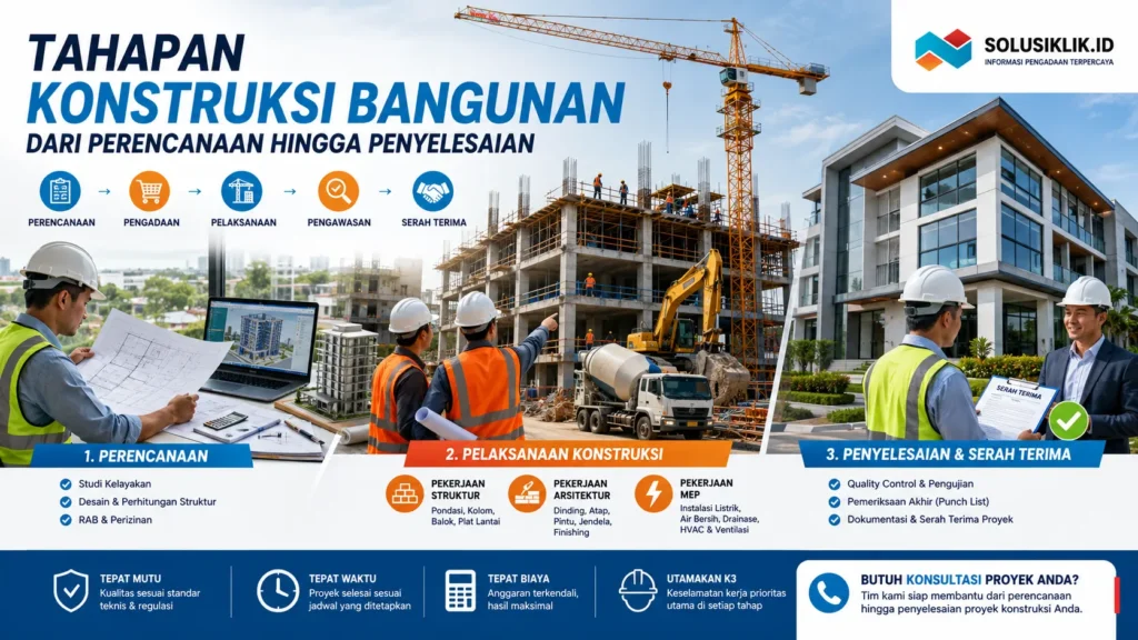 Tahapan Konstruksi Bangunan dari perencanaan, pengadaan, pelaksanaan, pengawasan hingga penyelesaian proyek gedung