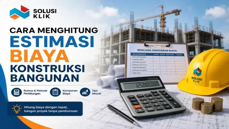 perhitungan biaya konstruksi bangunan menggunakan RAB, gambar kerja, dan material proyek konstruksi.