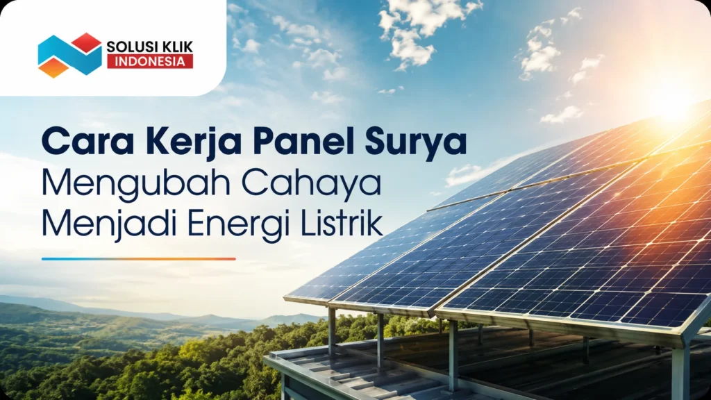 Ilustrasi cara kerja panel surya mengubah cahaya menjadi energi listrik pada sistem tenaga surya