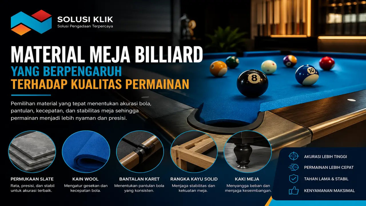 Material meja billiard berbahan slate, kayu solid, dan kain wol yang berpengaruh terhadap kualitas permainan billiard.