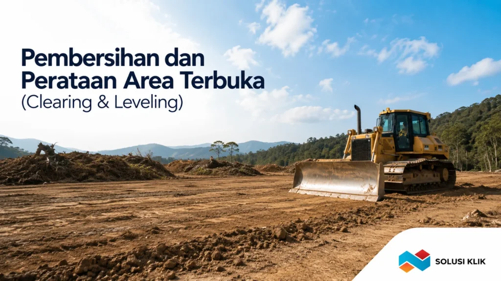 Fungsi wheel loader dalam mendorong puing dan meratakan permukaan tanah pada tahap awal persiapan lahan konstruksi.