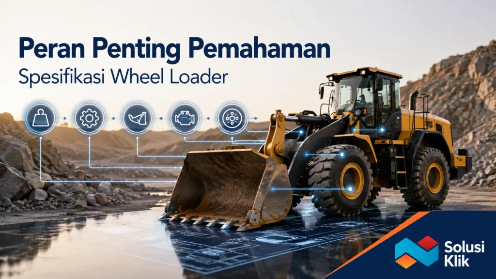 Insinyur alat berat profesional sedang meninjau spesifikasi teknis wheel loader di lokasi proyek.