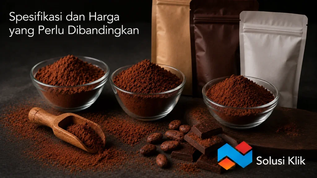 Banner spesifikasi dan harga cokelat bubuk dengan foto realistis berbagai kemasan cokelat bubuk premium, bubuk kakao, biji kakao, potongan cokelat, dan logo Solusi Klik.