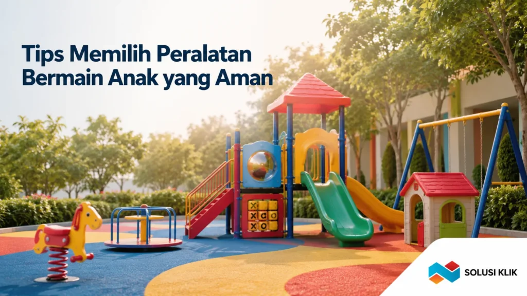 Playground outdoor modern dengan berbagai peralatan bermain anak yang aman dan logo Solusi Klik.
