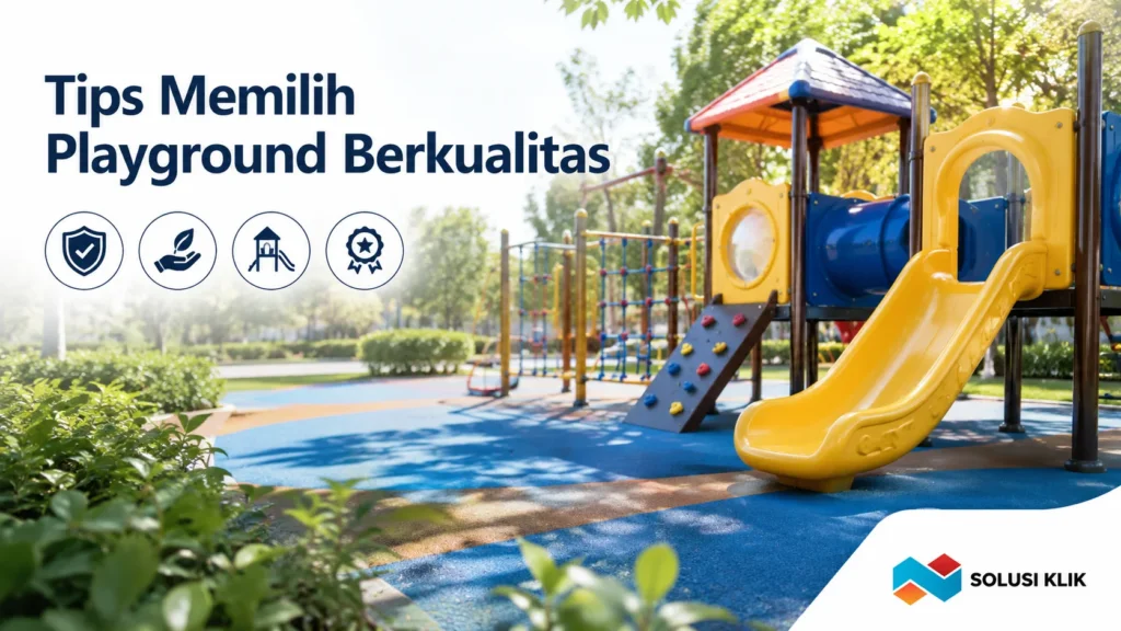 Playground outdoor modern dengan perosotan warna-warni dan logo Solusi Klik.