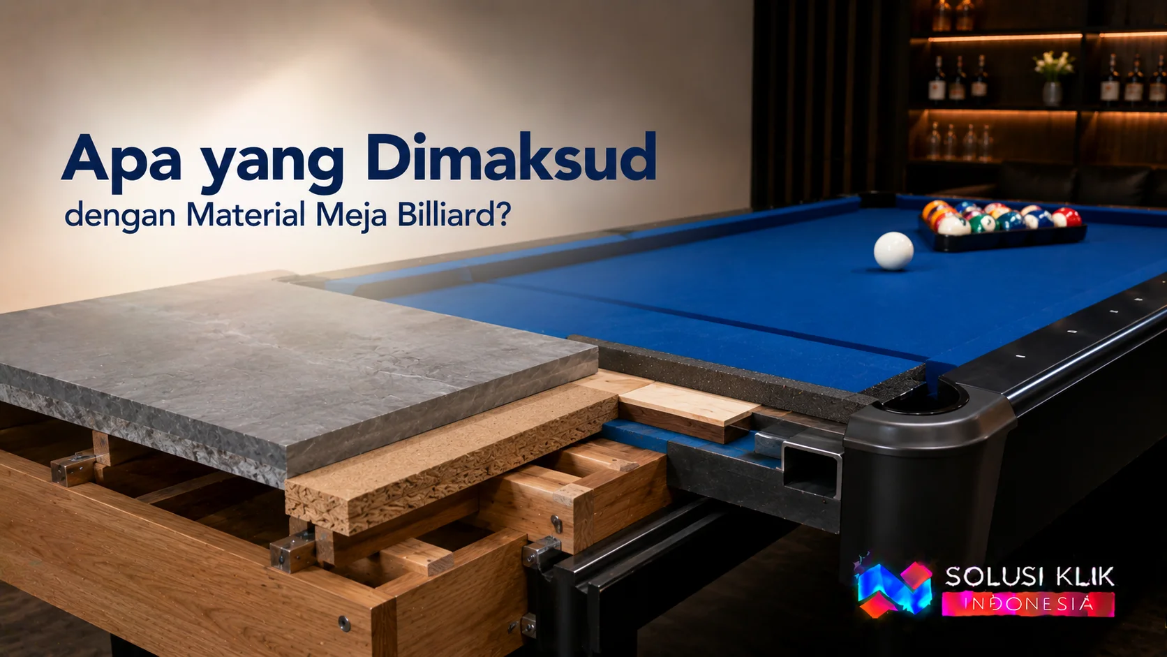 Potongan struktur meja billiard yang menampilkan material utama seperti slate, rangka kayu, dan kain meja untuk mendukung kualitas permainan.