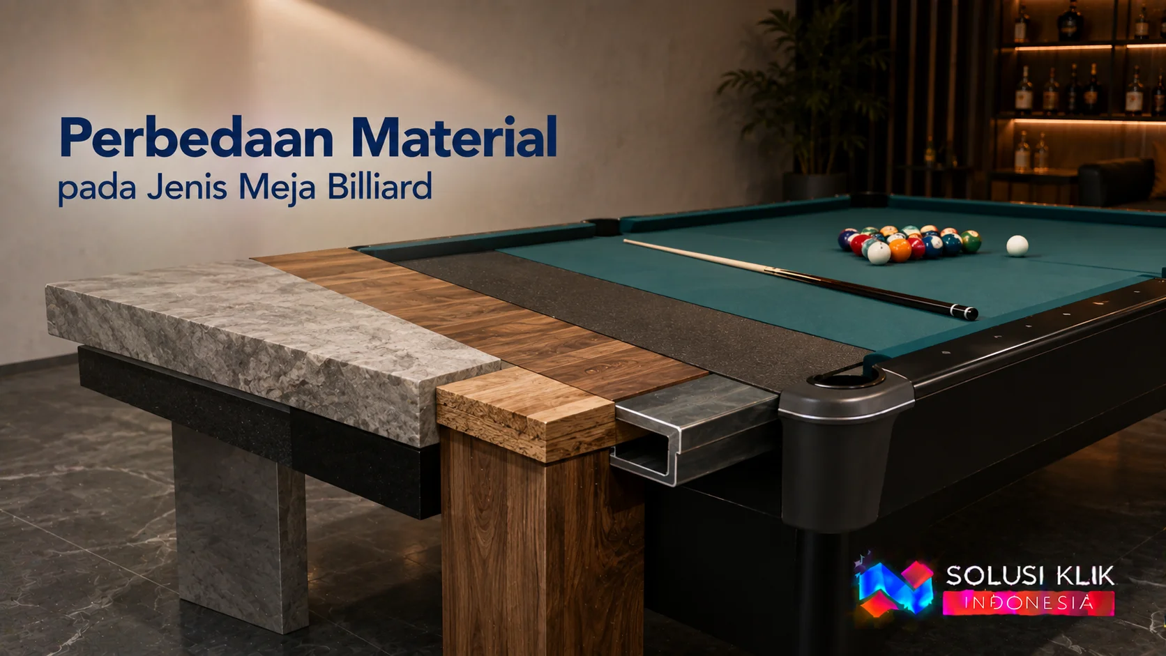 Meja billiard dengan material berbeda yang menunjukkan perbedaan konstruksi dan kualitas untuk berbagai kebutuhan permainan.